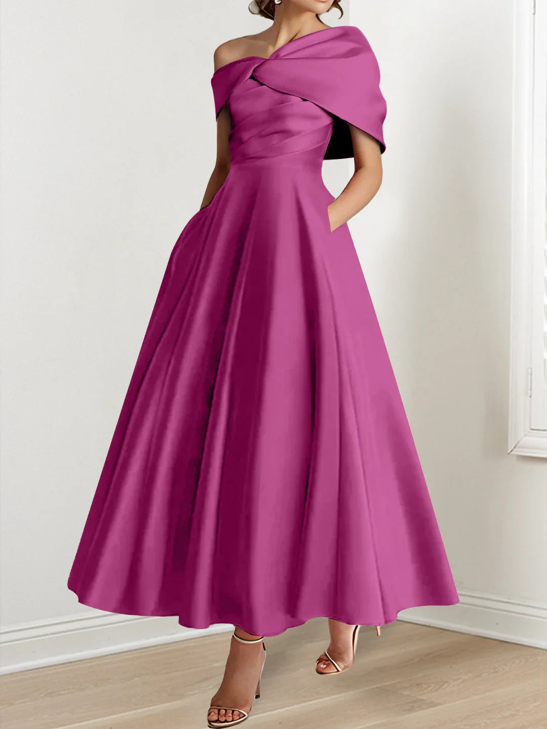A-Line/Princess Off-The-Shoulder Satin Mother Of The Bride Dresses Sleeveless Ankle-Length with Ruffles & Bowknot