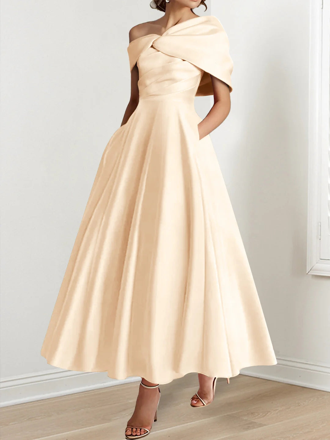 A-Line/Princess Off-The-Shoulder Satin Mother Of The Bride Dresses Sleeveless Ankle-Length with Ruffles & Bowknot