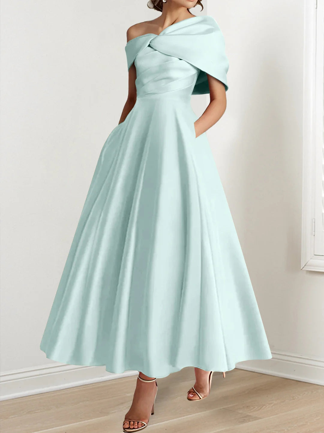 A-Line/Princess Off-The-Shoulder Satin Mother Of The Bride Dresses Sleeveless Ankle-Length with Ruffles & Bowknot