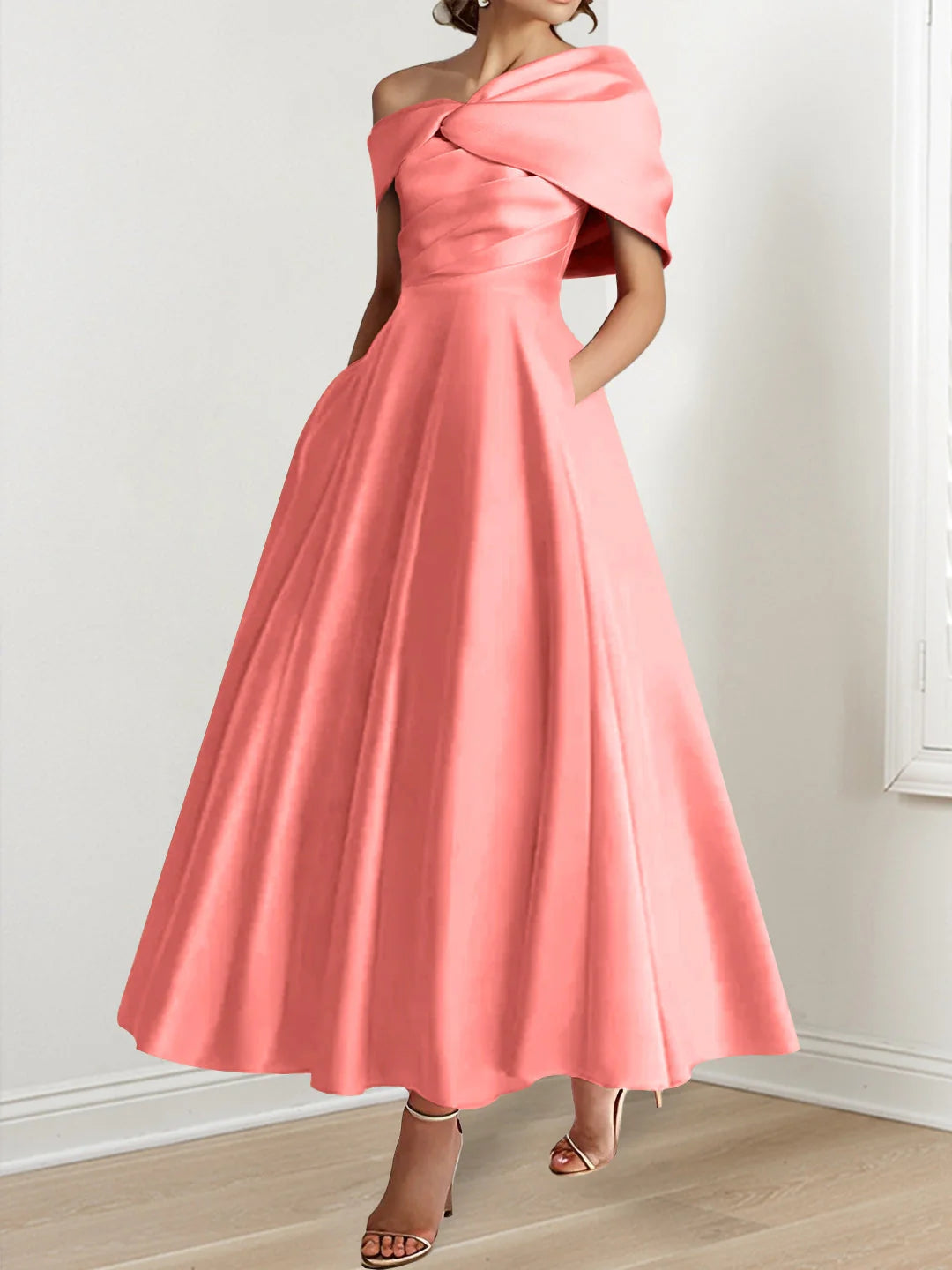 A-Line/Princess Off-The-Shoulder Satin Mother Of The Bride Dresses Sleeveless Ankle-Length with Ruffles & Bowknot