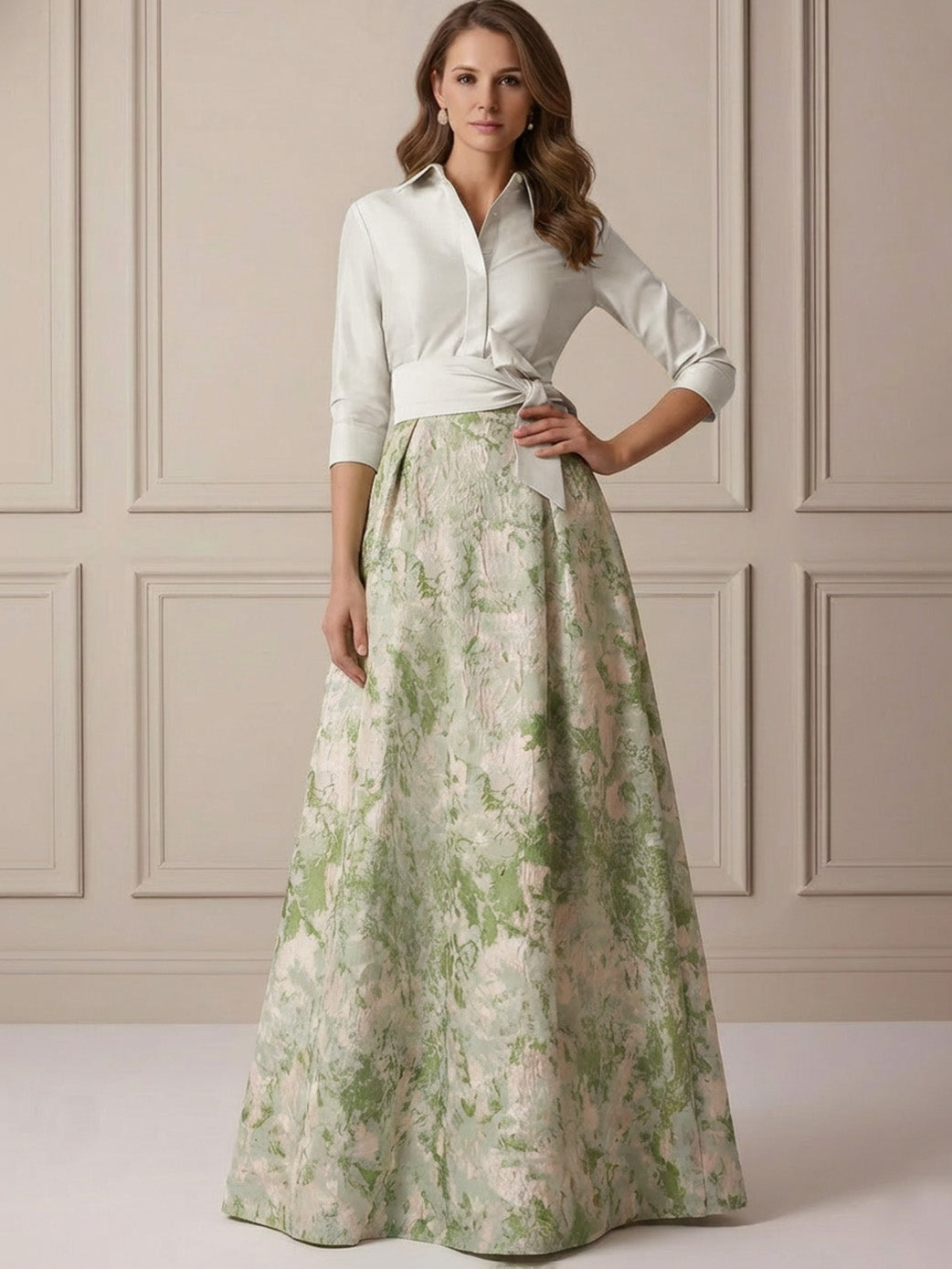 Shirt Collar Mother of the Bride Dresses Satin 3/4 Sleeves Floor-Length Floral Bowknot