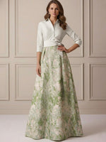 Shirt Collar Mother of the Bride Dresses Satin 3/4 Sleeves Floor-Length Floral Bowknot
