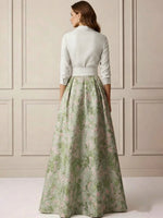Shirt Collar Mother of the Bride Dresses Satin 3/4 Sleeves Floor-Length Floral Bowknot