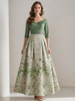 Off-the-Shoulder Mother of the Bride Dresses Satin 3/4 Sleeves Ankle-Length Floral Sash