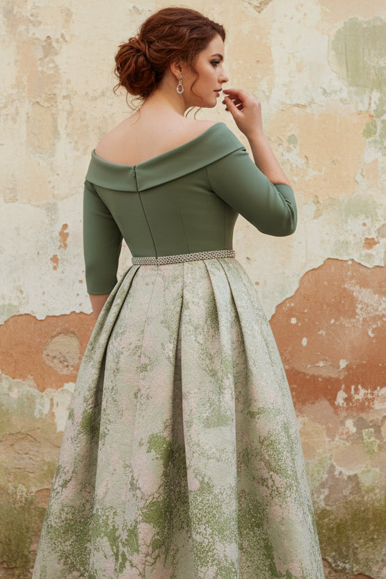 Off-the-Shoulder Plus Size Mother of the Bride Dresses Satin 3/4 Sleeves Ankle-Length Floral Sash