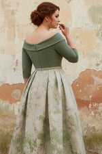 Off-the-Shoulder Plus Size Mother of the Bride Dresses Satin 3/4 Sleeves Ankle-Length Floral Sash