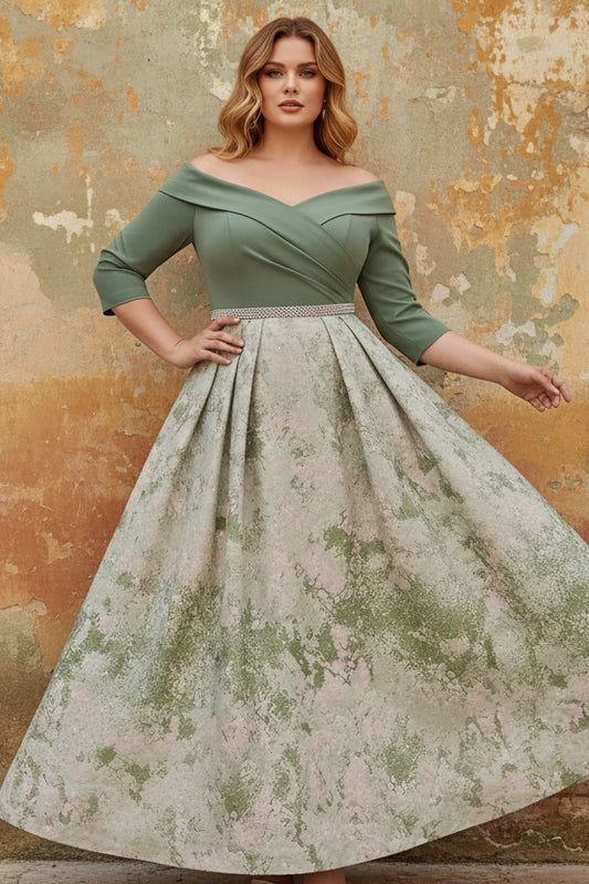 Off-the-Shoulder Plus Size Mother of the Bride Dresses Satin 3/4 Sleeves Ankle-Length Floral Sash