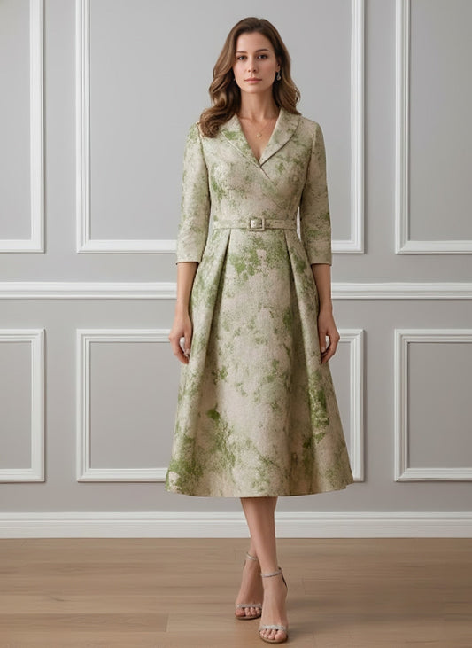 A-Line/Princess V-Neck Satin Mother of the Bride Dresses 3/4 Sleeves Tea-Length Floral Belt