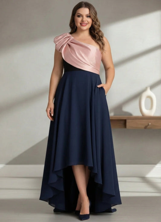 One-Shoulder Stretch Satin Plus Size Mother of the Bride Dresses Sleeveless Asymmetrical Floor-Length