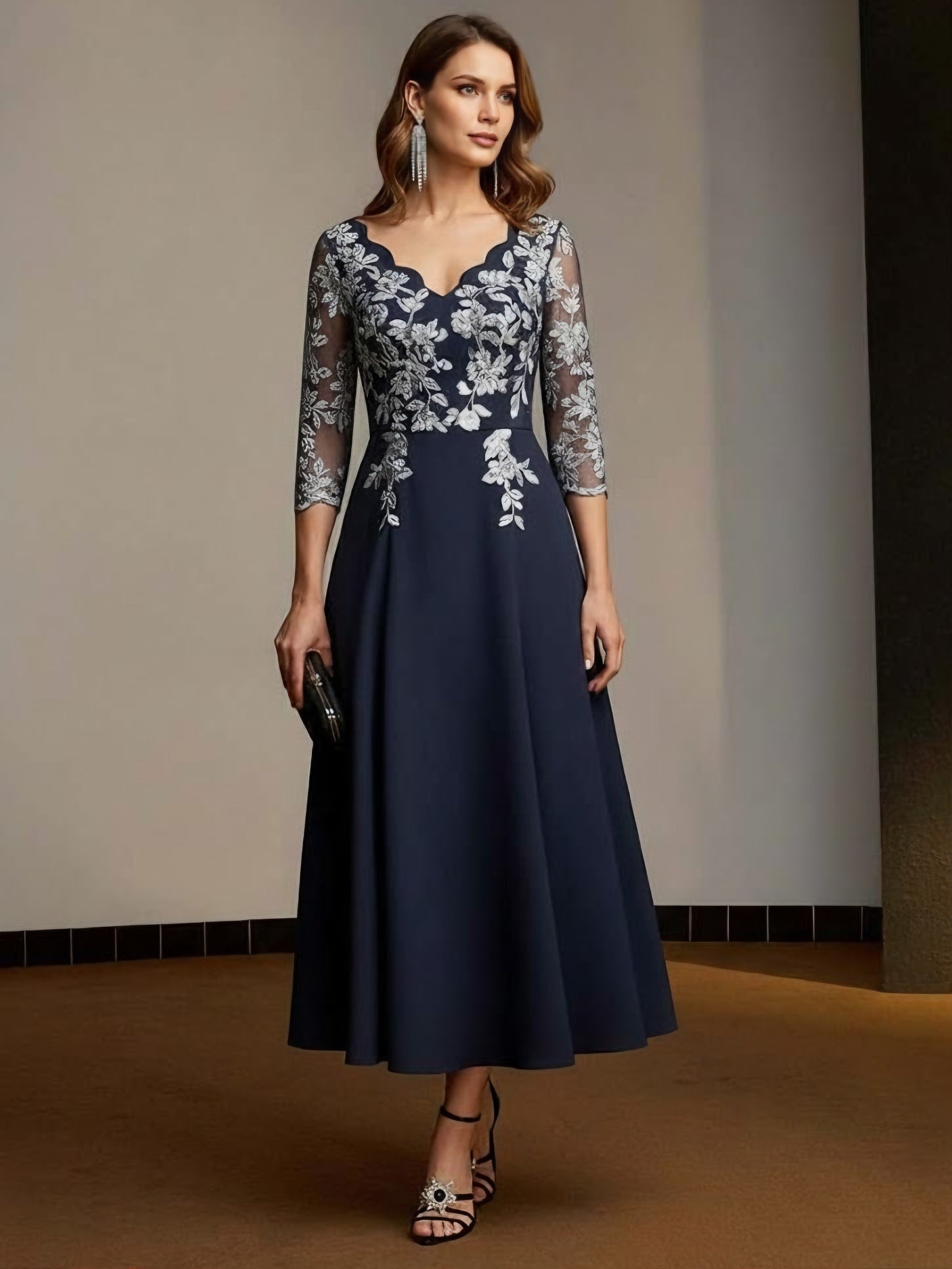 A-Line/Princess V-Neck Stretch Satin Mother of the Bride Dresses Lace Tea-Length 3/4 Sleeves