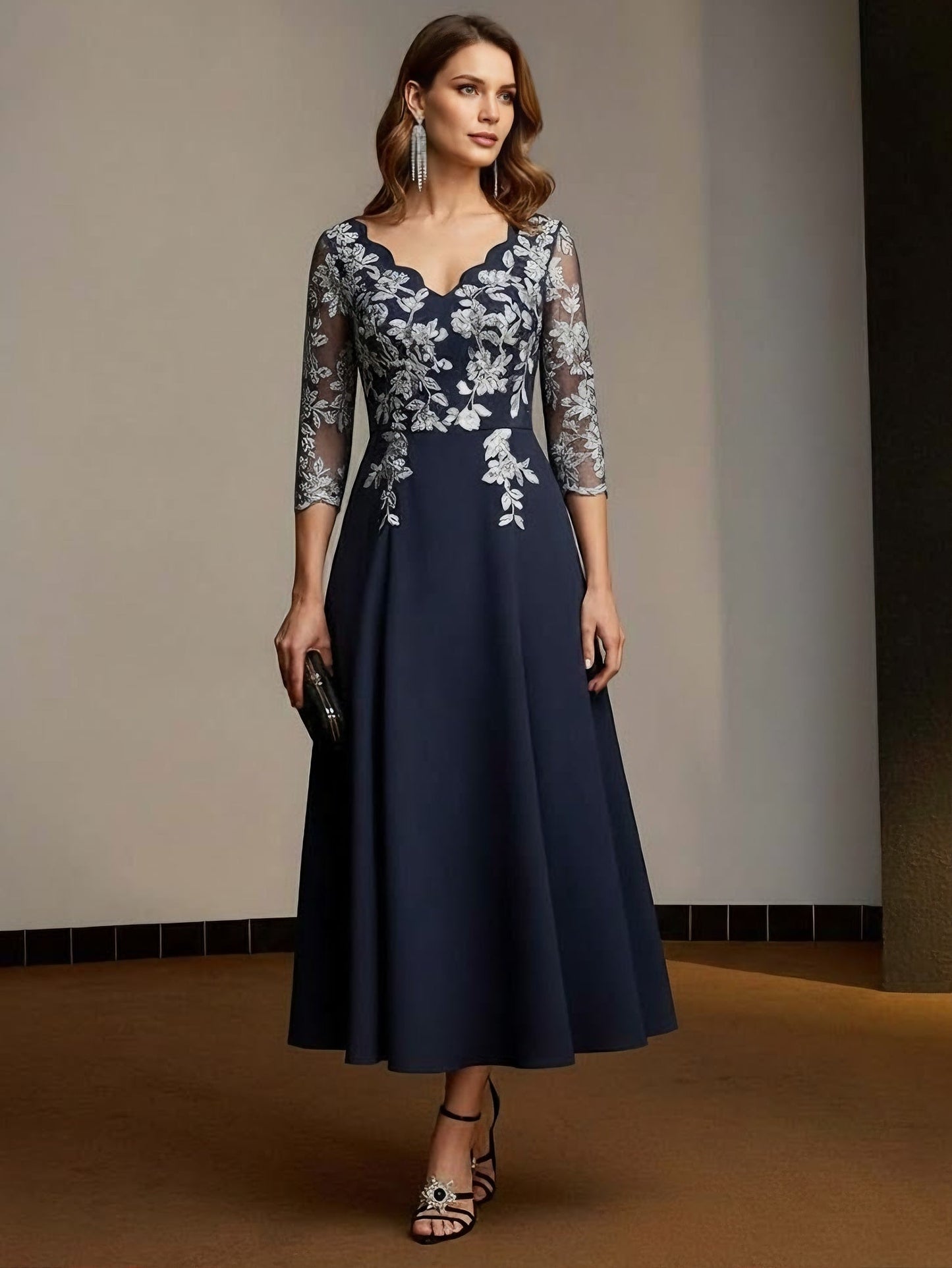 A-Line/Princess V-Neck Stretch Satin Mother of the Bride Dresses Lace Tea-Length 3/4 Sleeves