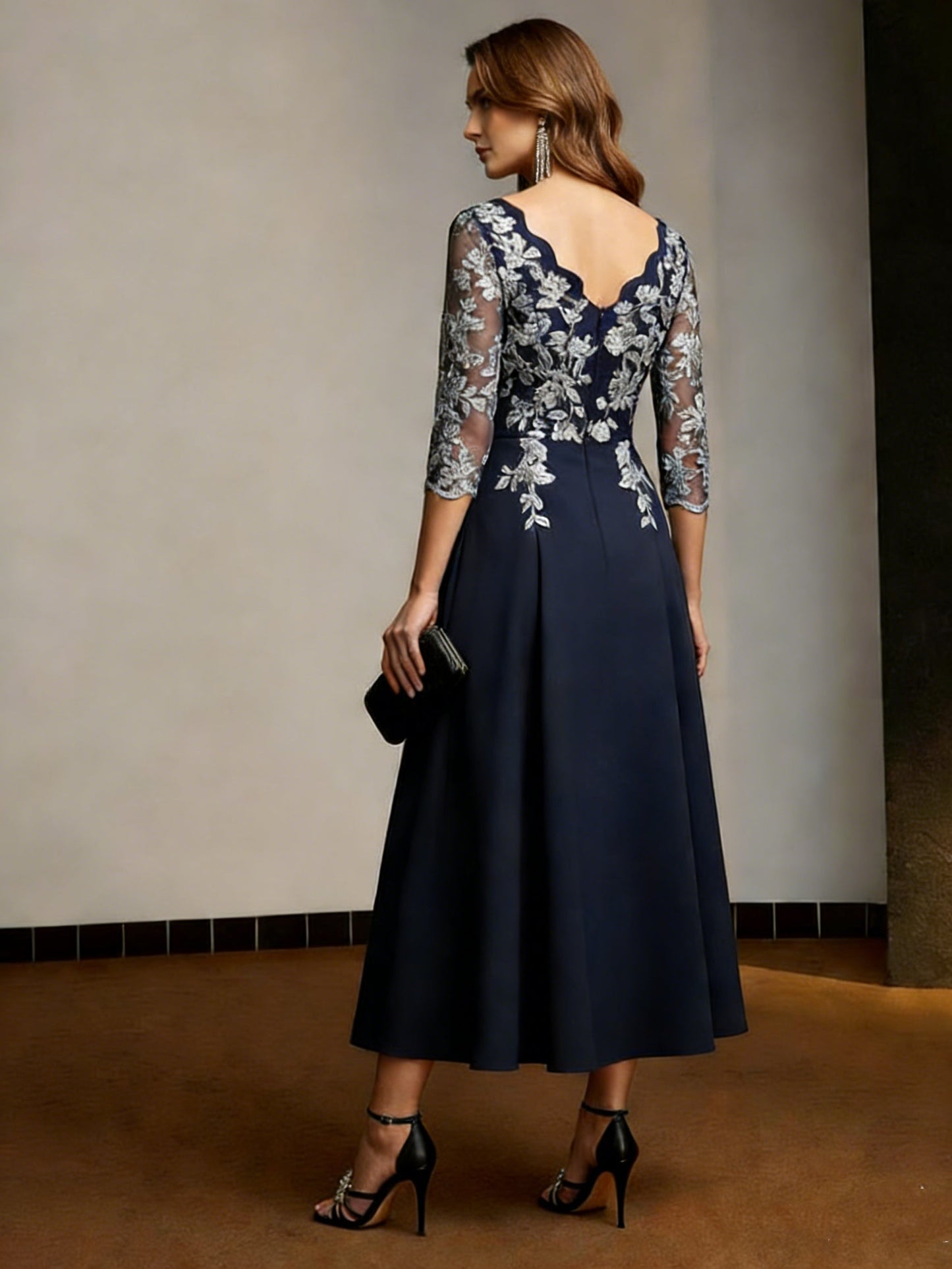 A-Line/Princess V-Neck Stretch Satin Mother of the Bride Dresses Lace Tea-Length 3/4 Sleeves