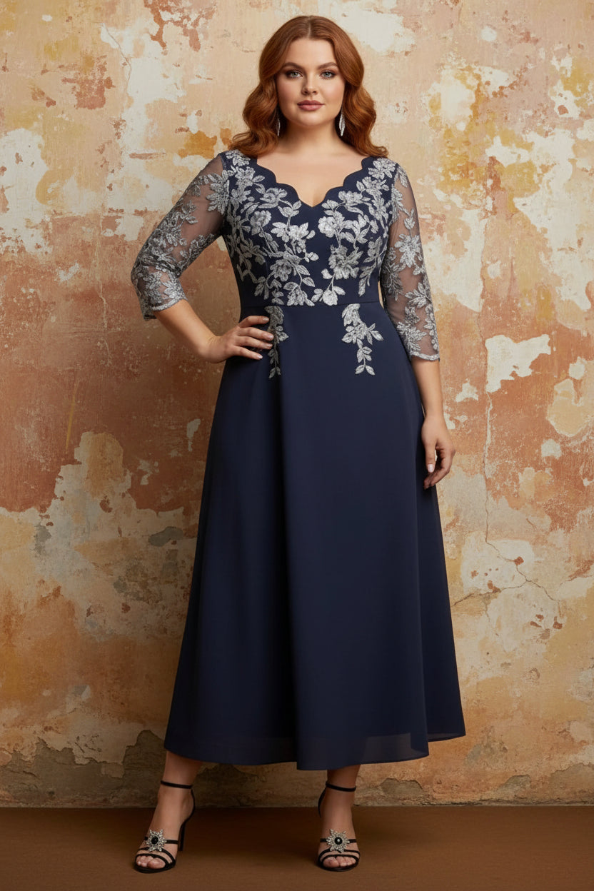 V-Neck Stretch Satin Plus Size Mother of the Bride Dresses Lace Tea-Length 3/4 Sleeves