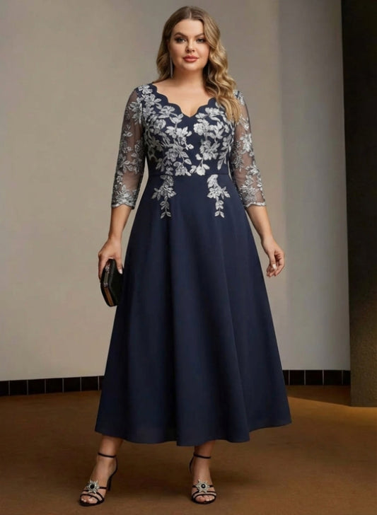 V-Neck Stretch Satin Plus Size Mother of the Bride Dresses Lace Tea-Length 3/4 Sleeves