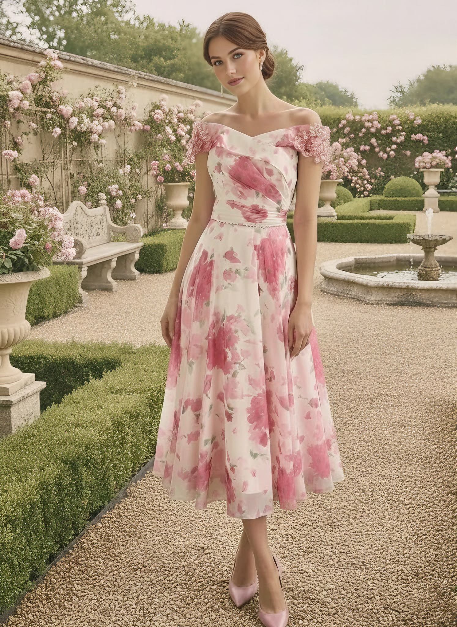 Off-the-Shoulder Chiffon Mother of the Bride Dresses Sleeveless Floral Tea-Length