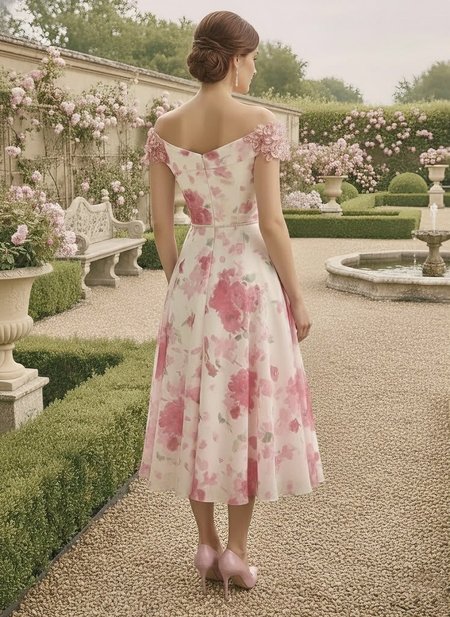 Off-the-Shoulder Chiffon Mother of the Bride Dresses Sleeveless Floral Tea-Length