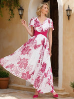 V-Neck Chiffon Mother of the Bride Dresses Short Sleeves Floral Ankle-Length
