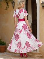 V-Neck Chiffon Mother of the Bride Dresses Short Sleeves Floral Ankle-Length