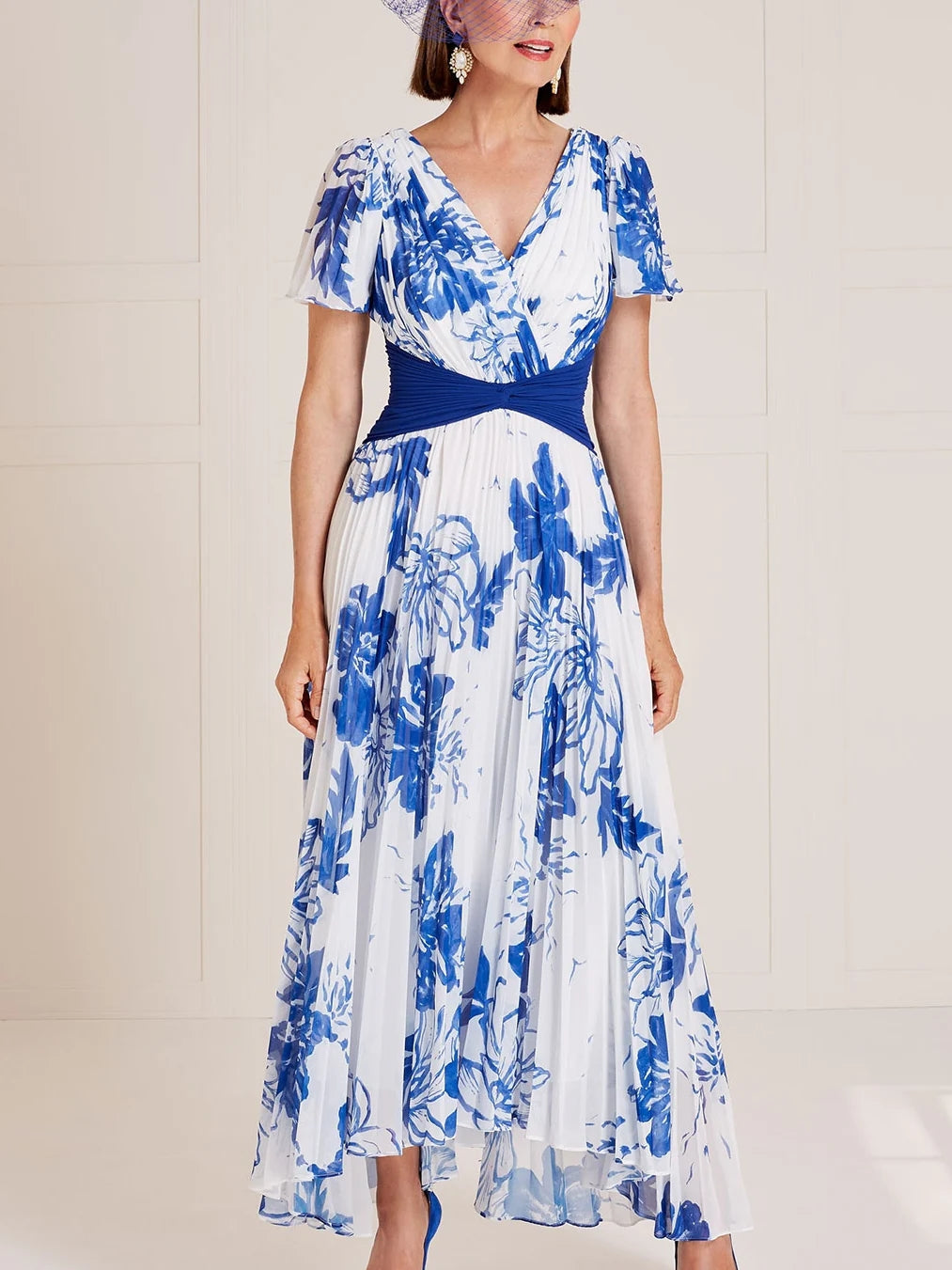 V-Neck Chiffon Mother of the Bride Dresses Short Sleeves Floral Ankle-Length