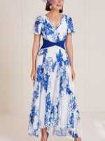 V-Neck Chiffon Mother of the Bride Dresses Short Sleeves Floral Ankle-Length