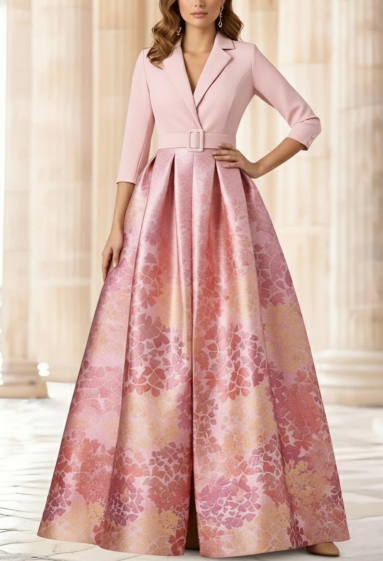 Shirt Collar Stretch Satin Mother of the Bride Dresses 3/4 Sleeves Printed Satin Floral Floor-Length
