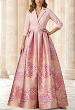 Shirt Collar Stretch Satin Mother of the Bride Dresses 3/4 Sleeves Printed Satin Floral Floor-Length