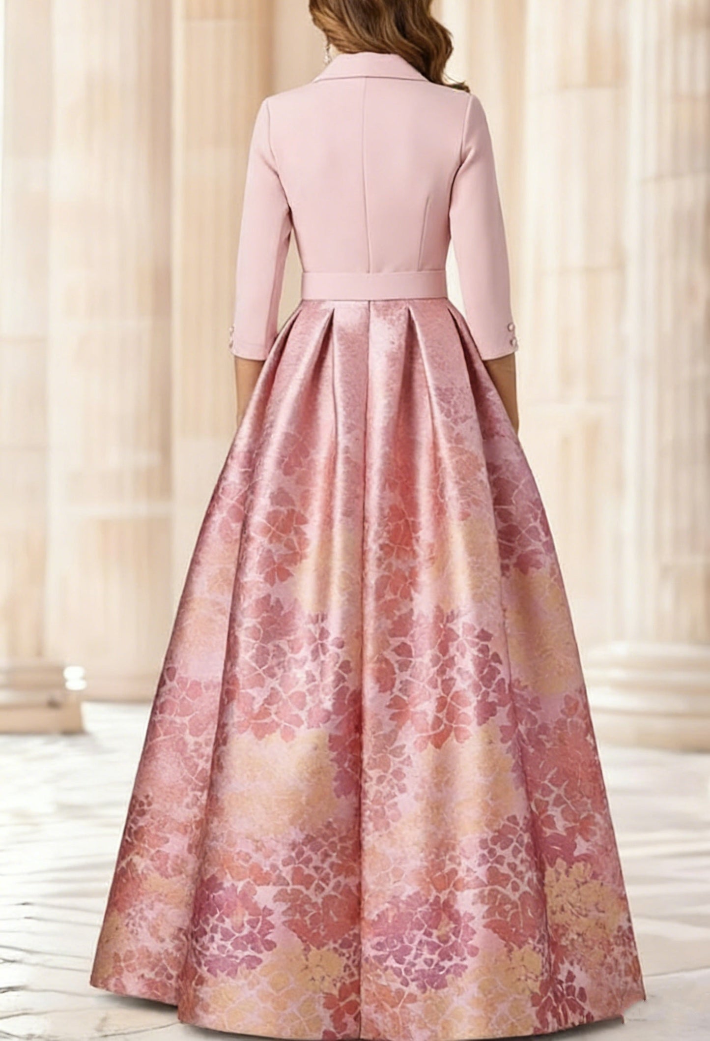 Shirt Collar Stretch Satin Mother of the Bride Dresses 3/4 Sleeves Printed Satin Floral Floor-Length