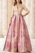 Shirt Collar Stretch Satin Mother of the Bride Dresses 3/4 Sleeves Printed Satin Floral Floor-Length