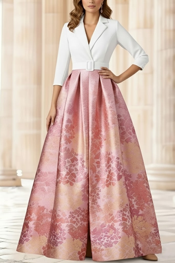 Shirt Collar Stretch Satin Mother of the Bride Dresses 3/4 Sleeves Printed Satin Floral Floor-Length