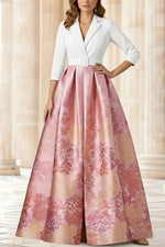 Shirt Collar Stretch Satin Mother of the Bride Dresses 3/4 Sleeves Printed Satin Floral Floor-Length