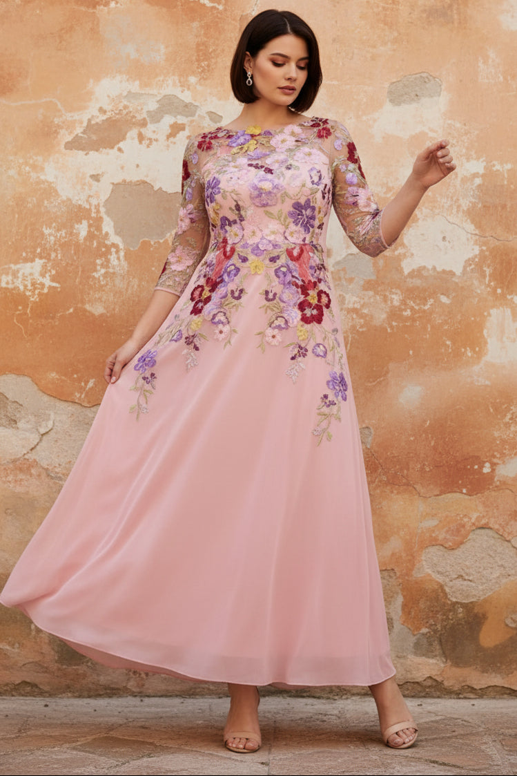 Scoop Chiffon Plus Size Mother of the Bride Dresses Lace Floral Half Sleeves Ankle-Length