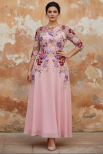 Scoop Chiffon Plus Size Mother of the Bride Dresses Lace Floral Half Sleeves Ankle-Length