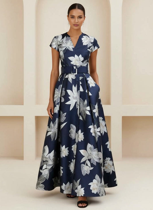 V-Neck Printed Satin Mother of the Bride Dresses Short Sleeves Floral Ankle-Length