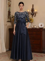 Scoop Satin Mother of the Bride Dresses Lace 3/4 Sleeves Ankle-Length Bowknot