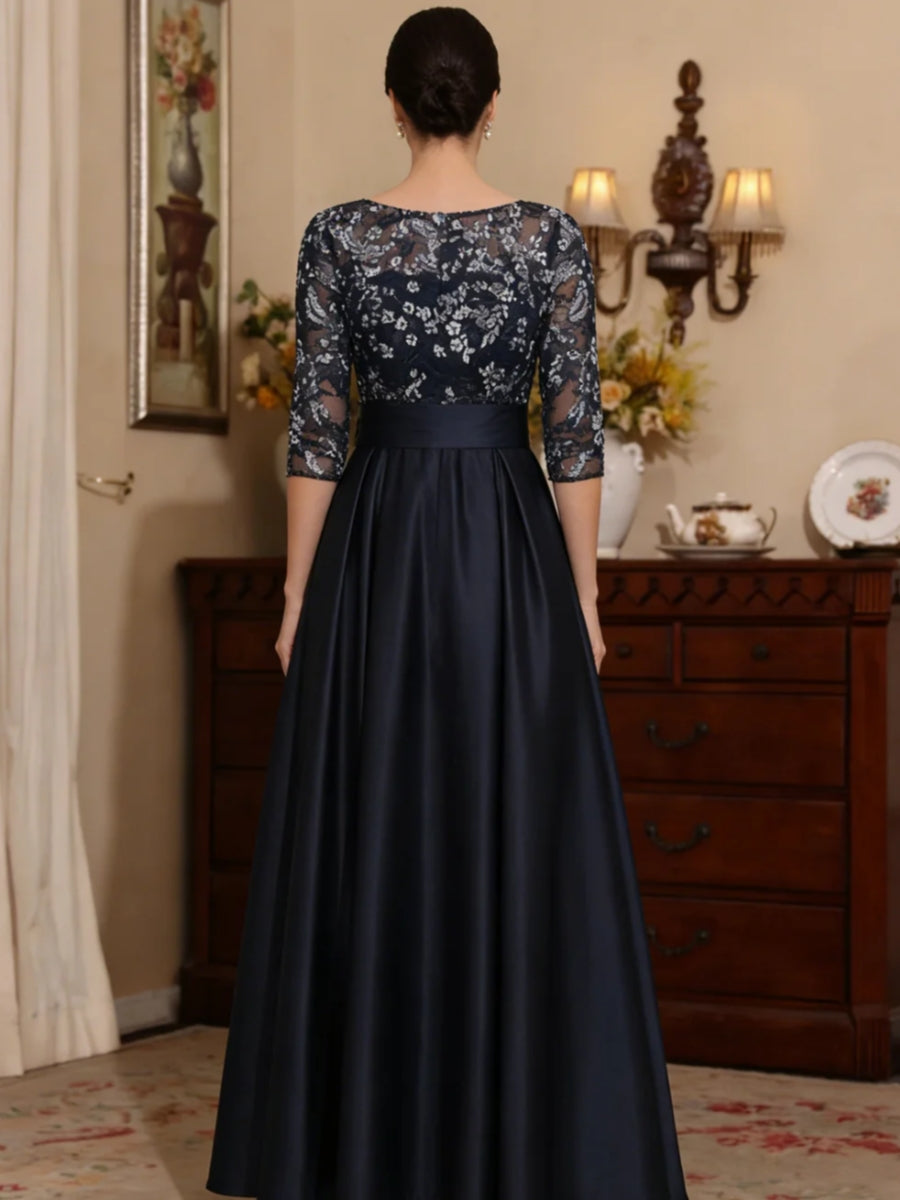 Scoop Satin Mother of the Bride Dresses Lace 3/4 Sleeves Ankle-Length Bowknot