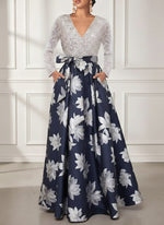V-Neck Printed Satin Mother of the Bride Dresses Sequins Long Sleeves Floral Floor-Length Bowknot