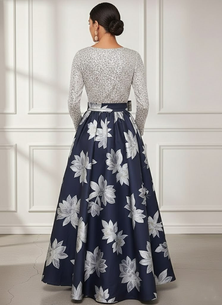 V-Neck Printed Satin Mother of the Bride Dresses Sequins Long Sleeves Floral Floor-Length Bowknot