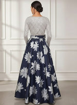 V-Neck Printed Satin Mother of the Bride Dresses Sequins Long Sleeves Floral Floor-Length Bowknot
