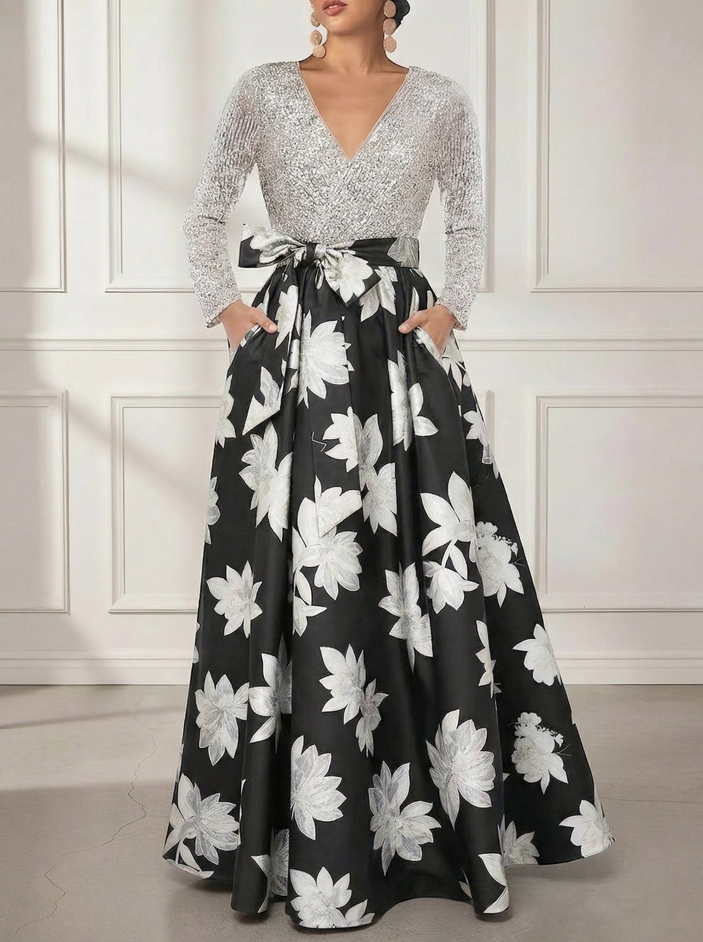 V-Neck Printed Satin Mother of the Bride Dresses Sequins Long Sleeves Floral Floor-Length Bowknot