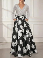 V-Neck Printed Satin Mother of the Bride Dresses Sequins Long Sleeves Floral Floor-Length Bowknot