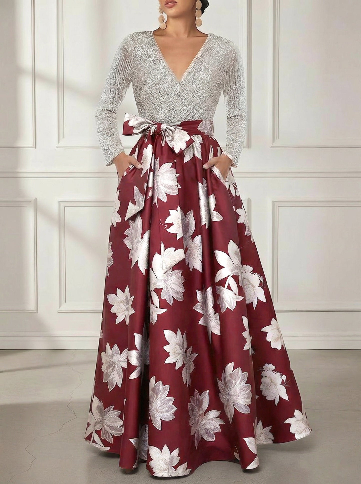 V-Neck Printed Satin Mother of the Bride Dresses Sequins Long Sleeves Floral Floor-Length Bowknot