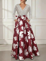 V-Neck Printed Satin Mother of the Bride Dresses Sequins Long Sleeves Floral Floor-Length Bowknot