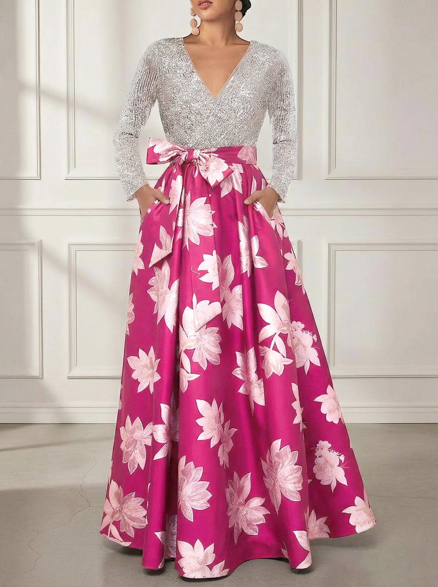 V-Neck Printed Satin Mother of the Bride Dresses Sequins Long Sleeves Floral Floor-Length Bowknot