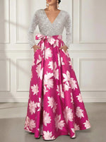 V-Neck Printed Satin Mother of the Bride Dresses Sequins Long Sleeves Floral Floor-Length Bowknot