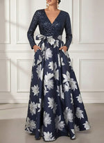 V-Neck Printed Satin Mother of the Bride Dresses Sequins Long Sleeves Floral Floor-Length Bowknot