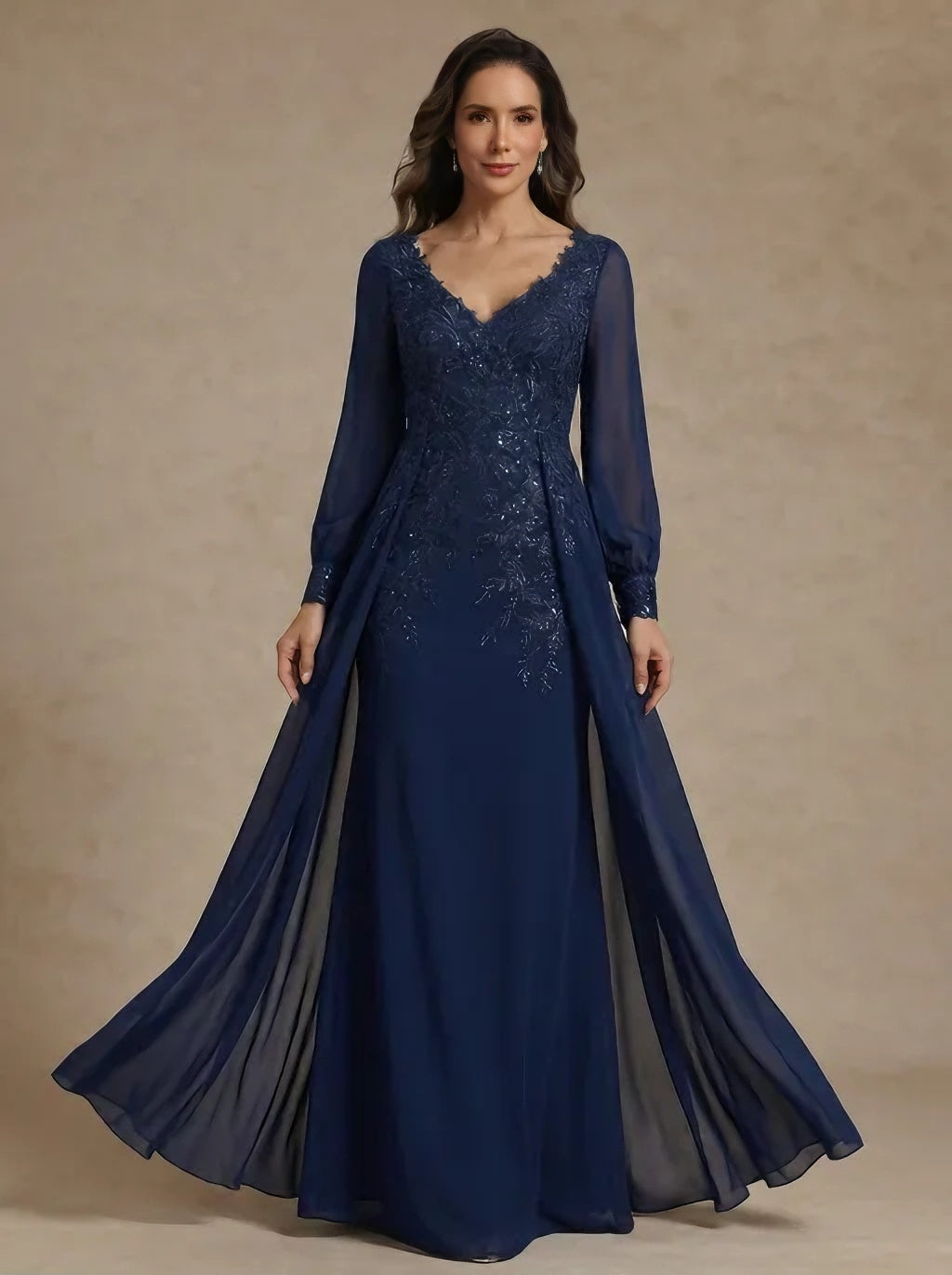 V-Neck Chiffon Mother of the Bride Dresses with Overskirt Lace Long Sleeves Floor-Length