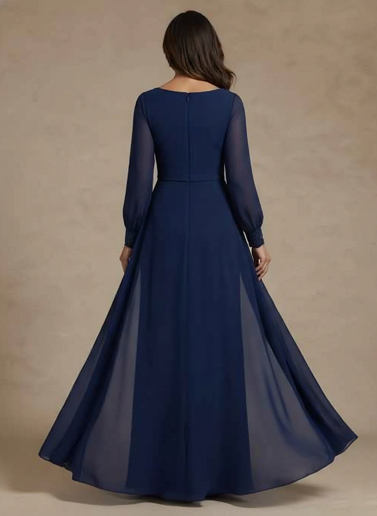 V-Neck Chiffon Mother of the Bride Dresses with Overskirt Lace Long Sleeves Floor-Length