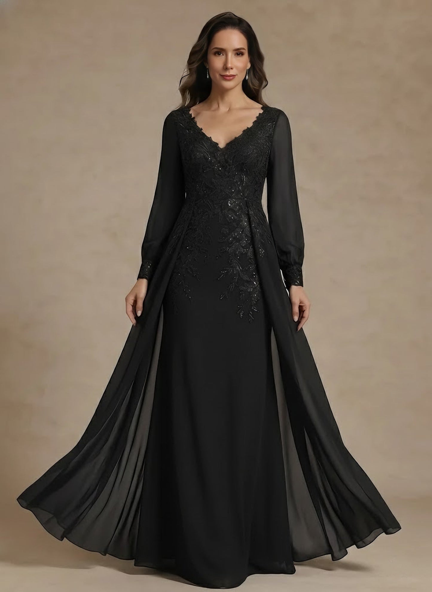 V-Neck Chiffon Mother of the Bride Dresses with Overskirt Lace Long Sleeves Floor-Length