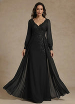 V-Neck Chiffon Mother of the Bride Dresses with Overskirt Lace Long Sleeves Floor-Length