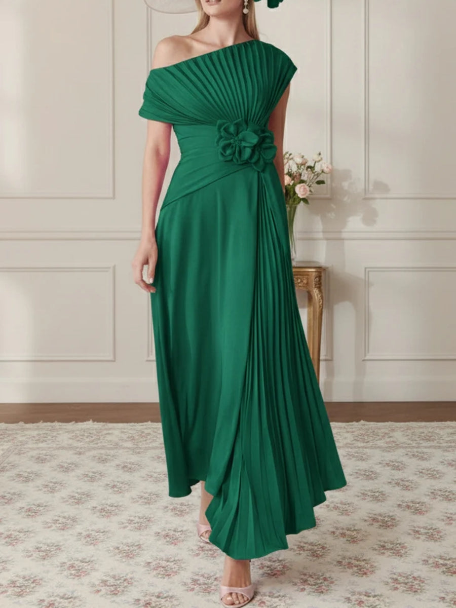 One-Shoulder Chiffon Mother of the Bride Dresses Sleeveless Asymmetrical Ankle-Length 3D Flower Pleats